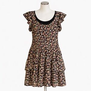 MNG by Mango Floral Ruffle Sleeve Dress XL Black Multicolor Fit & Flare Mini